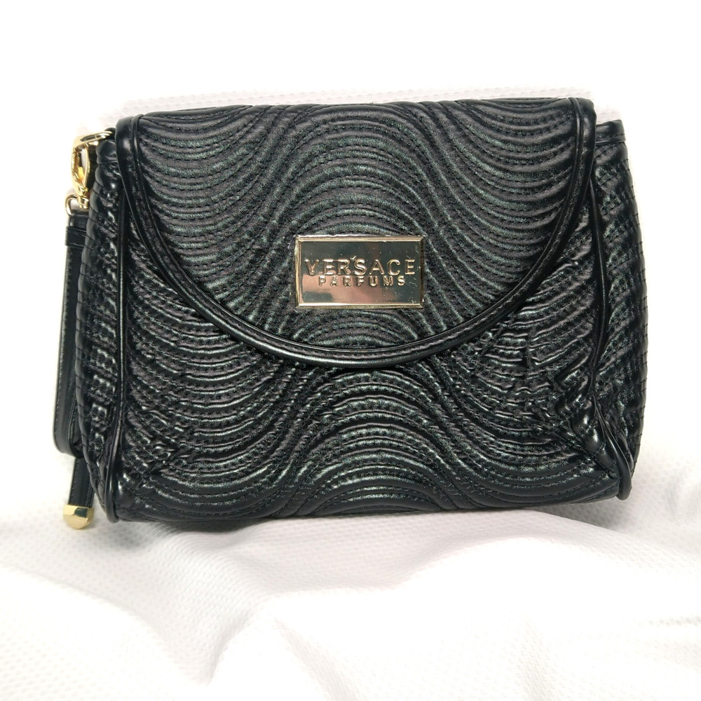 Versace Parfums Cosmetic Makeup Bag Beauty Pouch Clutch Black Quilted Gold Logo